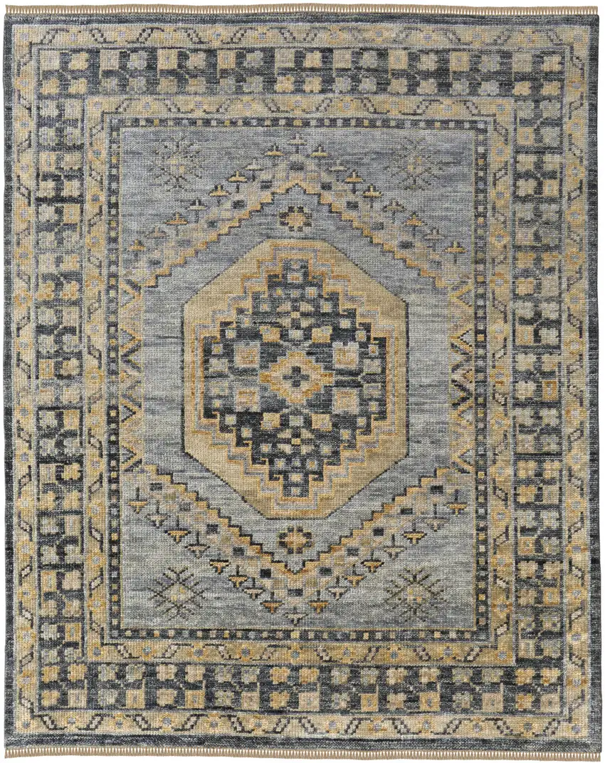 Blue Gray and Tan Wool Oriental Hand Knotted Area Rug With Fringe Photo 5