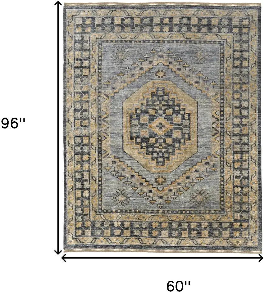 Blue Gray and Tan Wool Oriental Hand Knotted Area Rug With Fringe Photo 3