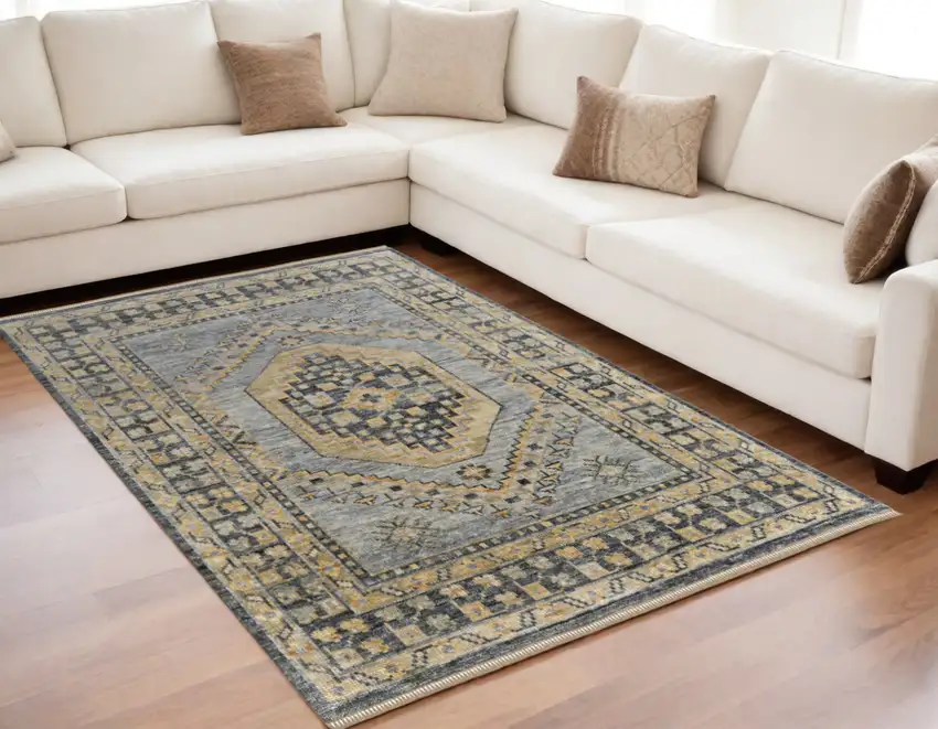 Blue Gray and Tan Wool Oriental Hand Knotted Area Rug With Fringe Photo 1