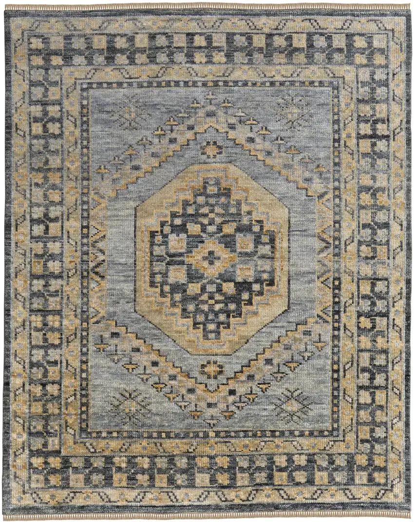 Blue Gray and Tan Wool Oriental Hand Knotted Area Rug With Fringe Photo 6