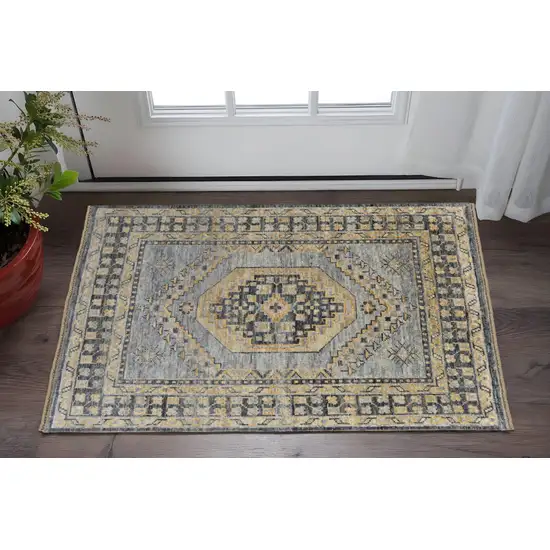 Blue Gray and Tan Wool Oriental Hand Knotted Area Rug With Fringe Photo 1