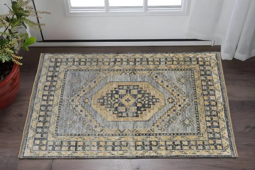 Blue Gray and Tan Wool Oriental Hand Knotted Area Rug With Fringe Photo 1
