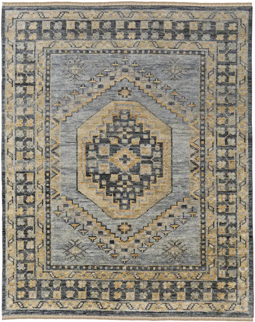 Blue Gray and Tan Wool Oriental Hand Knotted Area Rug With Fringe Photo 2