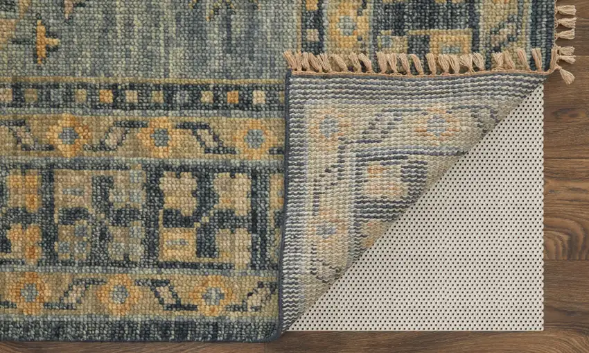 Blue Gray and Tan Wool Oriental Hand Knotted Area Rug With Fringe Photo 6