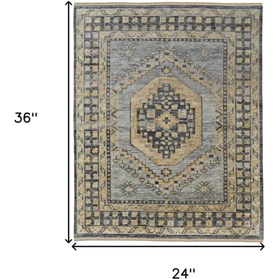 Blue Gray and Tan Wool Oriental Hand Knotted Area Rug With Fringe Photo 3