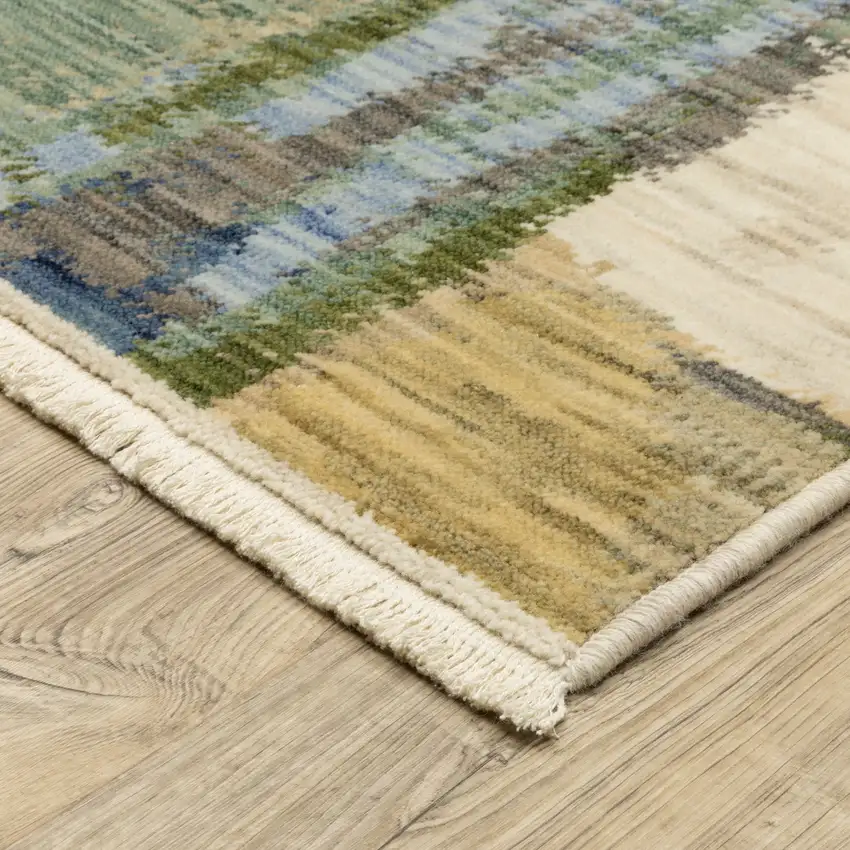 Blue Green And Beige Abstract Area Rug With Fringe Photo 9