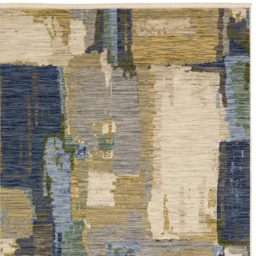 Blue Green And Beige Abstract Area Rug With Fringe Photo 6