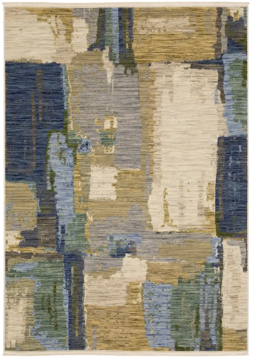 Blue Green And Beige Abstract Area Rug With Fringe Photo 5