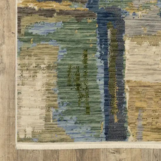 Blue Green And Beige Abstract Area Rug With Fringe Photo 3