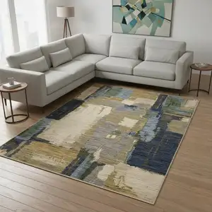 Photo of Blue Green And Beige Abstract Area Rug With Fringe