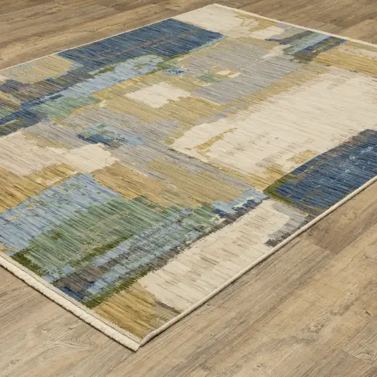 Blue Green And Beige Abstract Area Rug With Fringe Photo 2