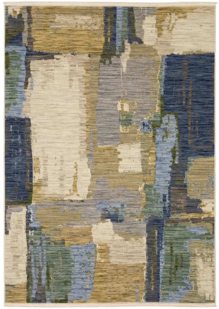 Blue Green And Beige Abstract Area Rug With Fringe Photo 4