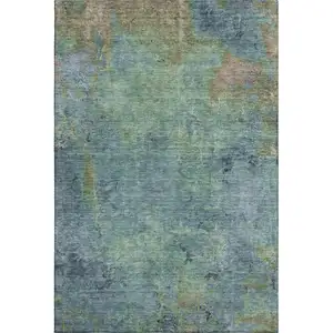 Photo of Blue Green And Beige Abstract Washable Area Rug With UV Protection
