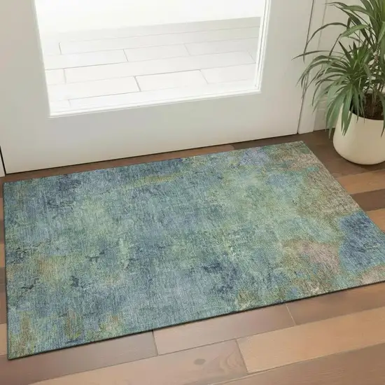 Blue Green And Beige Abstract Washable Area Rug With UV Protection Photo 2