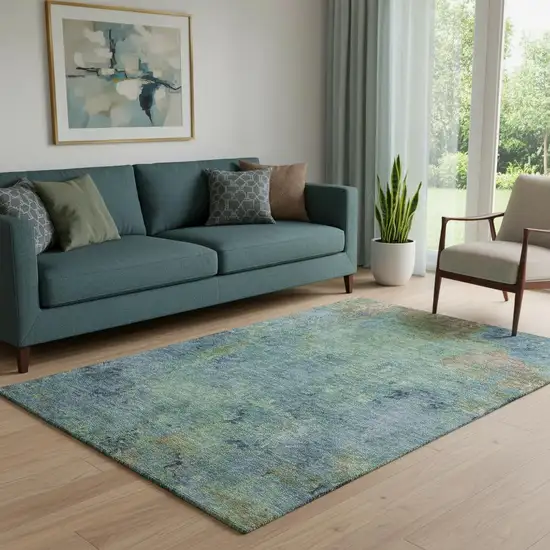 Blue Green And Beige Abstract Washable Area Rug With UV Protection Photo 2