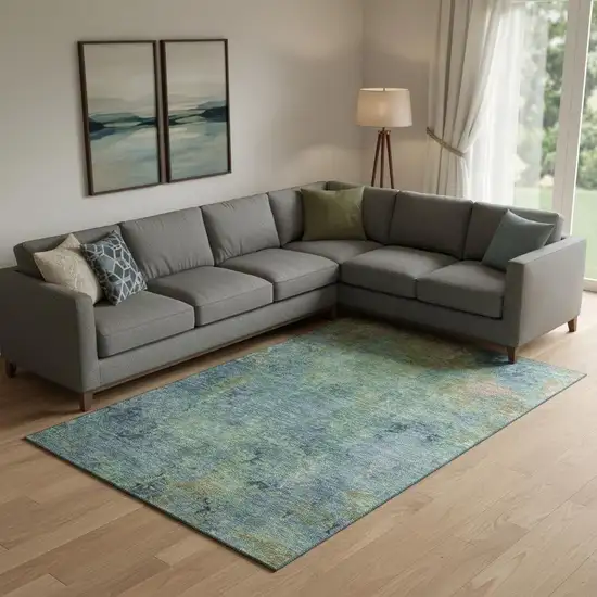 Blue Green And Beige Abstract Washable Area Rug With UV Protection Photo 2