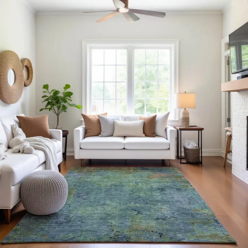 Blue Green And Beige Abstract Washable Area Rug With UV Protection Photo 5