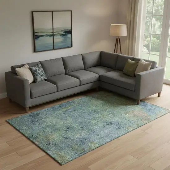 Blue Green And Beige Abstract Washable Area Rug With UV Protection Photo 2
