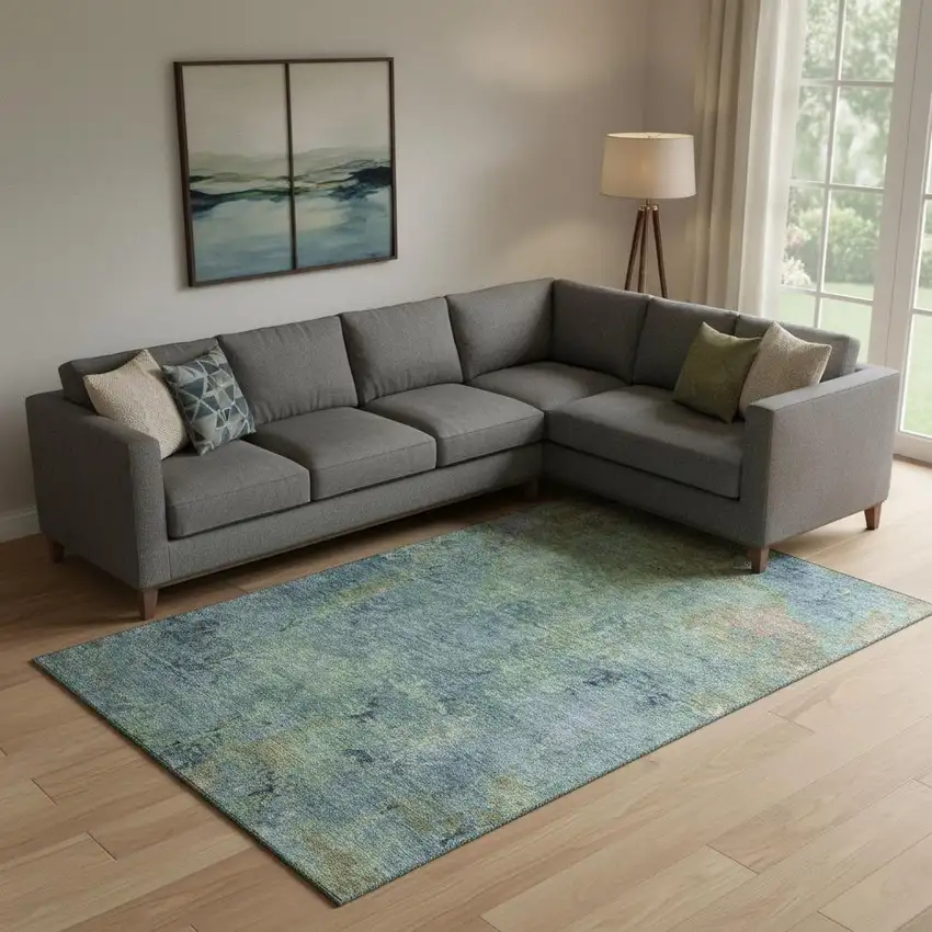 Blue Green And Beige Abstract Washable Area Rug With UV Protection Photo 2