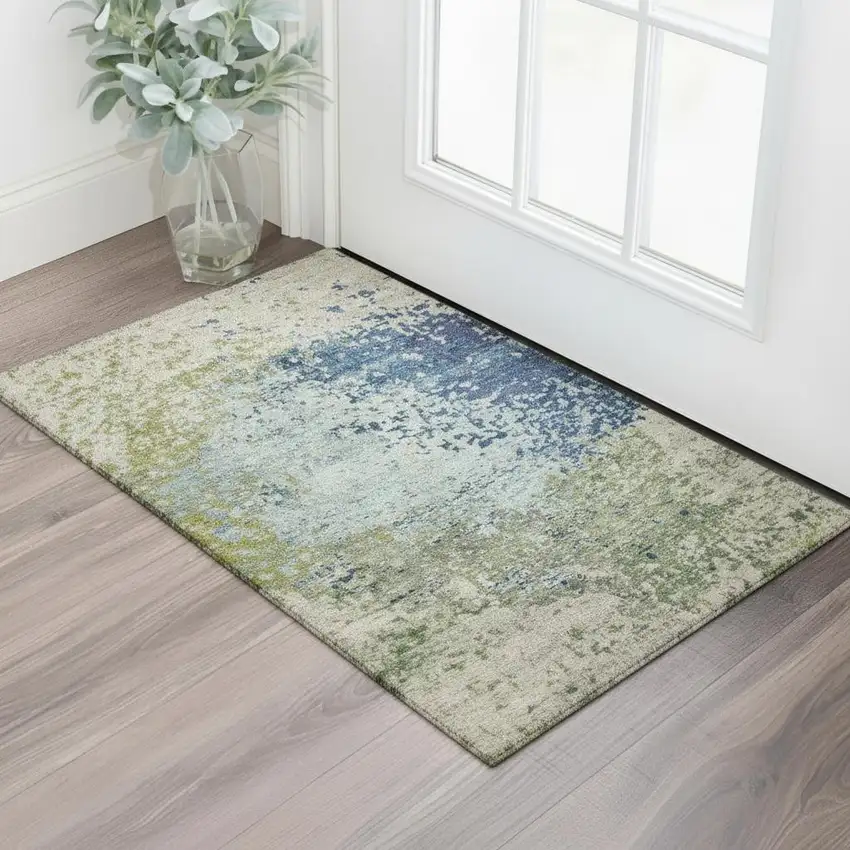 Blue Green And Beige Abstract Washable Area Rug With UV Protection Photo 2