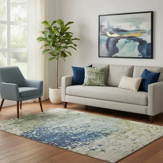 Blue Green And Beige Abstract Washable Area Rug With UV Protection Photo 2