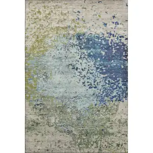 Photo of Blue Green And Beige Abstract Washable Area Rug With UV Protection