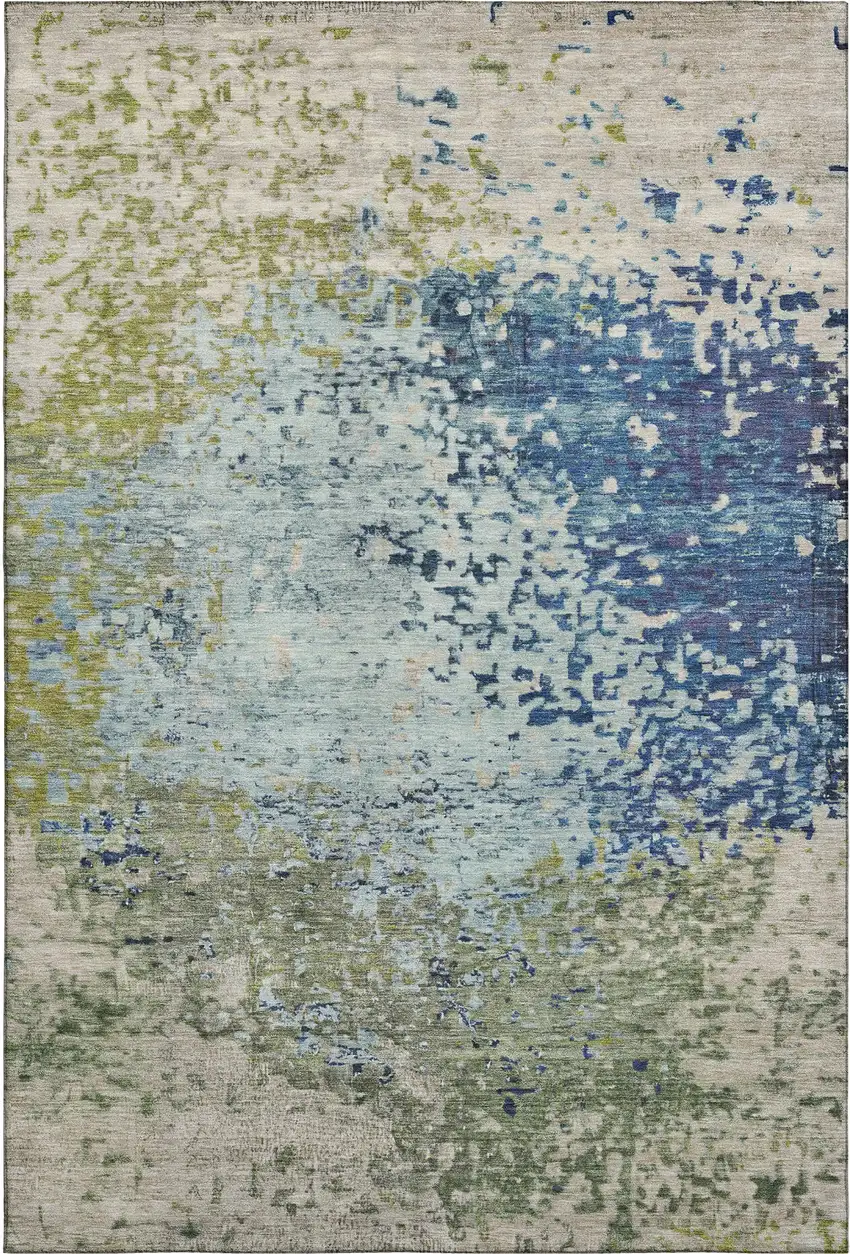 Blue Green And Beige Abstract Washable Area Rug With UV Protection Photo 1