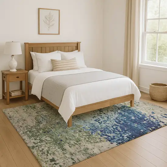 Blue Green And Beige Abstract Washable Area Rug With UV Protection Photo 5