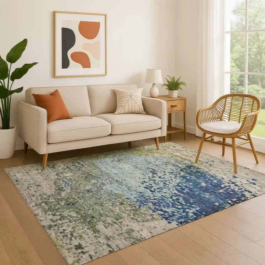 Blue Green And Beige Abstract Washable Area Rug With UV Protection Photo 4