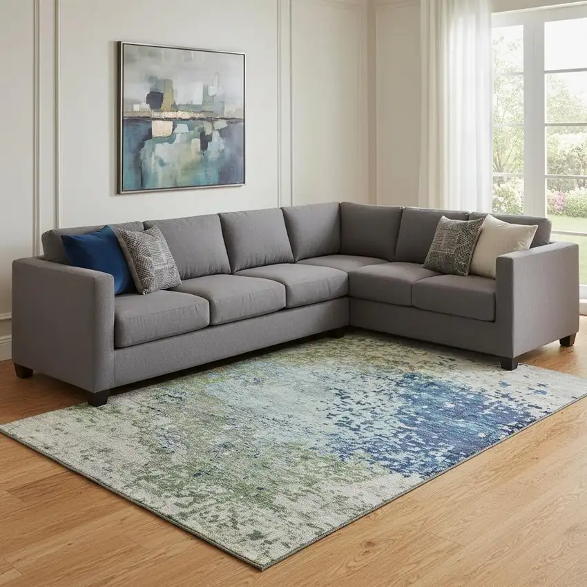 Blue Green And Beige Abstract Washable Area Rug With UV Protection Photo 2