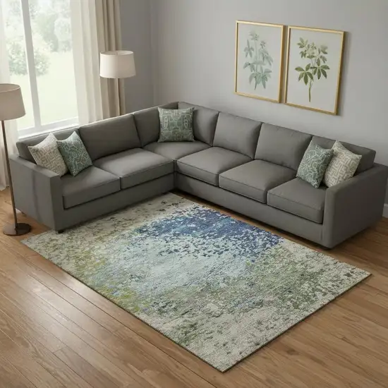 Blue Green And Beige Abstract Washable Area Rug With UV Protection Photo 2