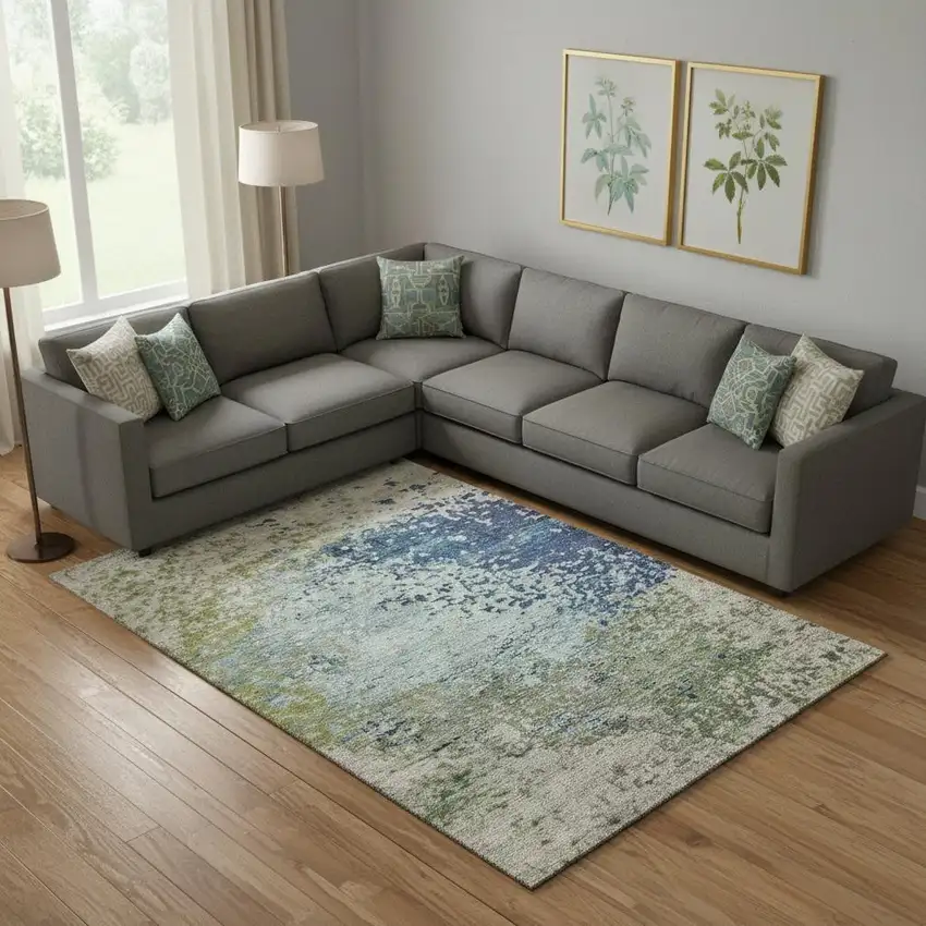 Blue Green And Beige Abstract Washable Area Rug With UV Protection Photo 2