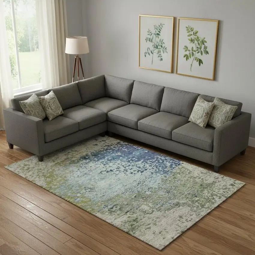 Blue Green And Beige Abstract Washable Area Rug With UV Protection Photo 2