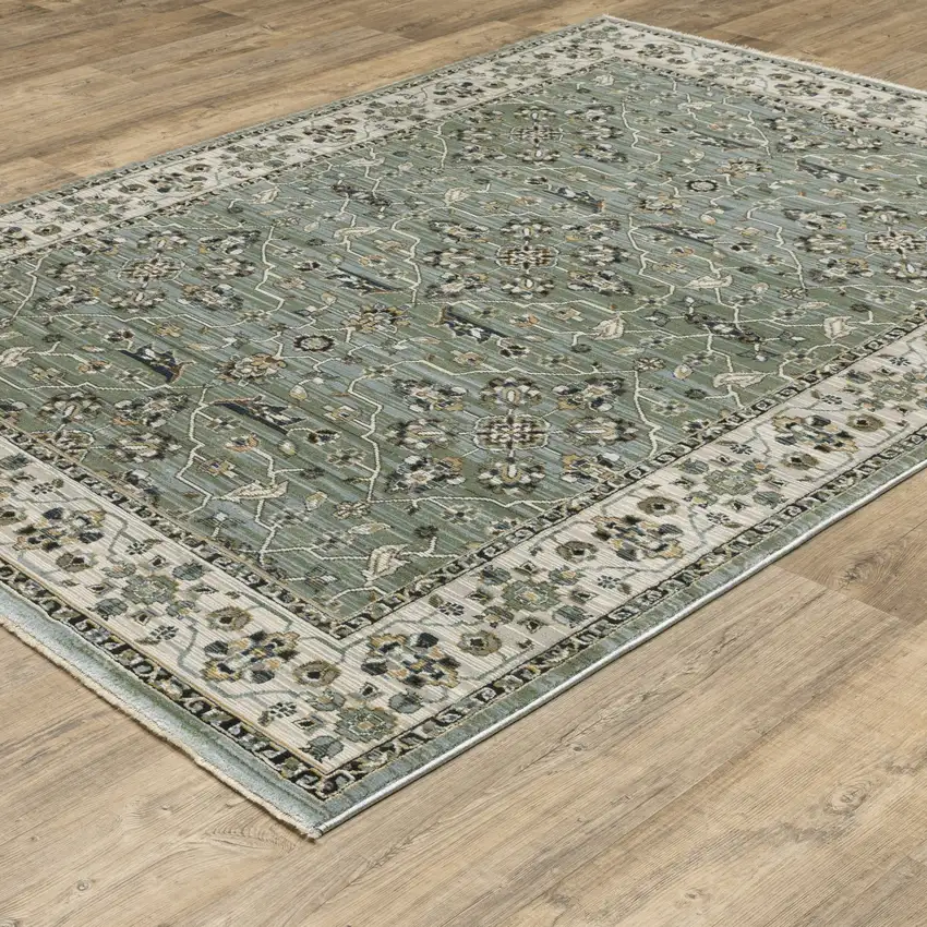Blue Green And Beige Floral Area Rug With Fringe Photo 2