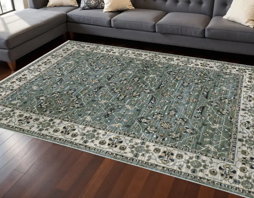 Blue Green And Beige Floral Area Rug With Fringe Photo 1