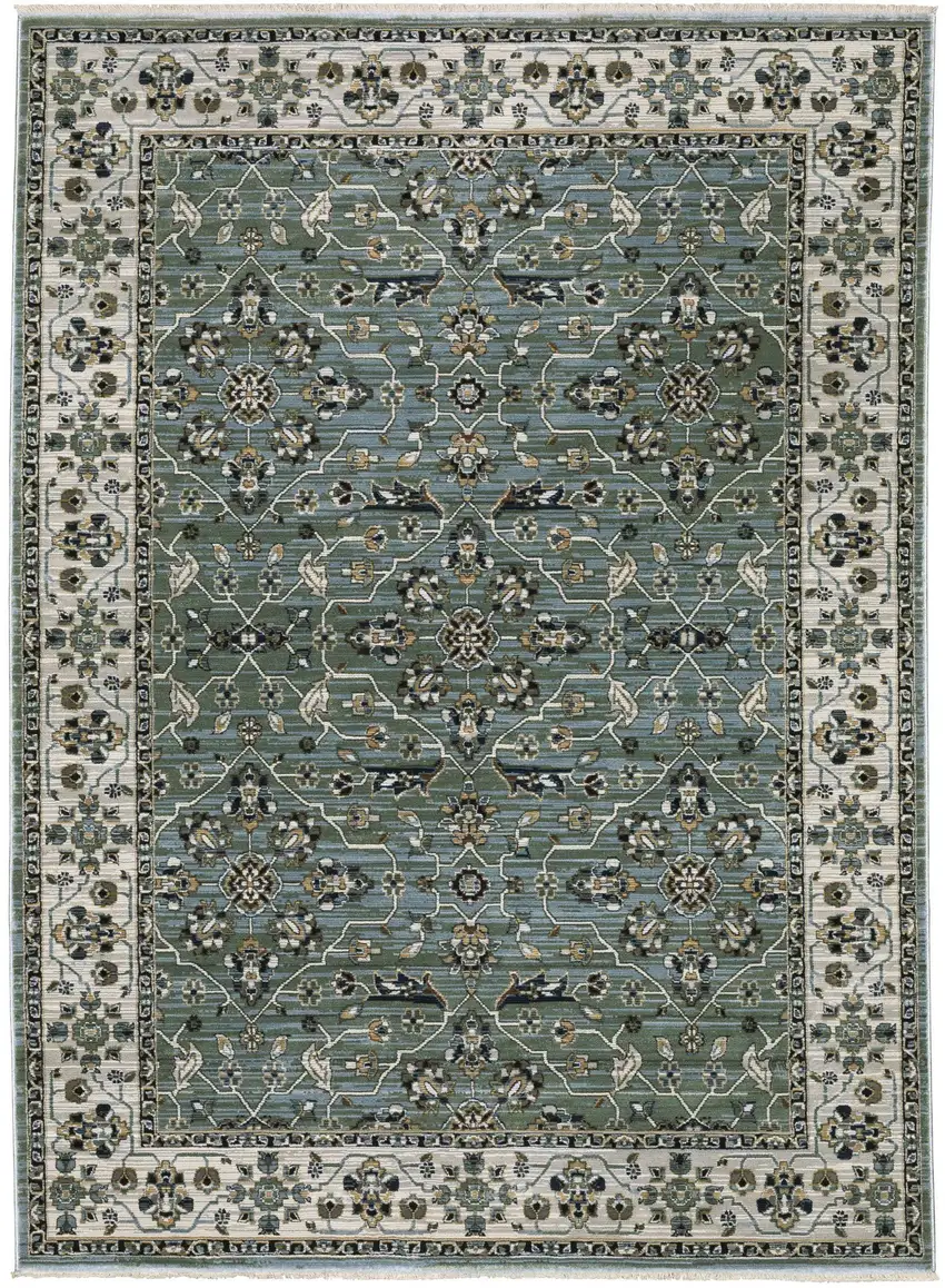 Blue Green And Beige Floral Area Rug With Fringe Photo 9