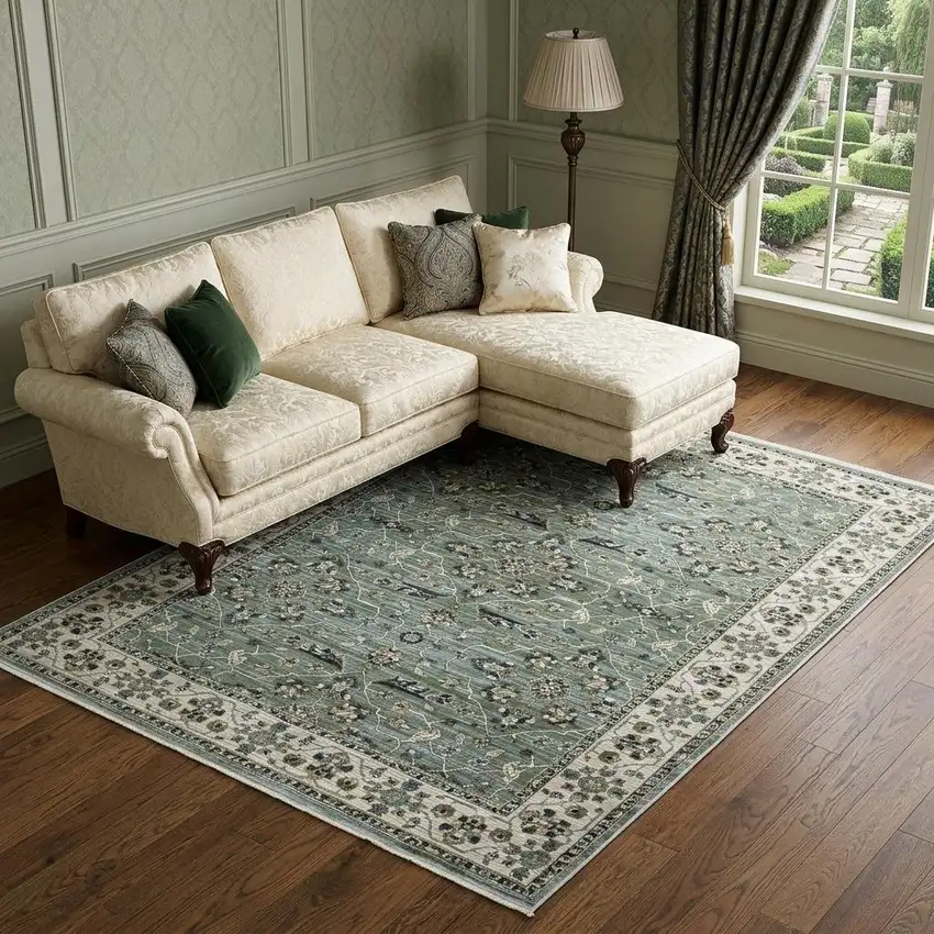 Blue Green And Beige Floral Area Rug With Fringe Photo 1