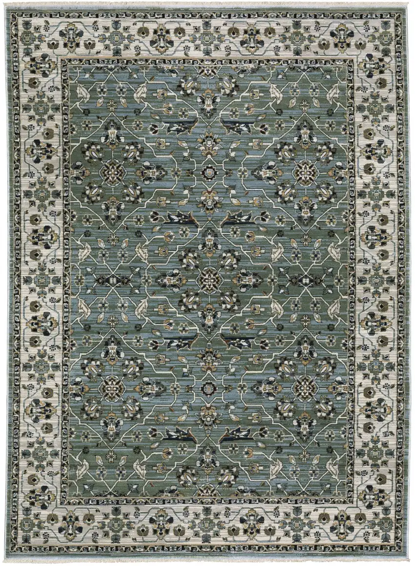 Blue Green And Beige Floral Area Rug With Fringe Photo 2