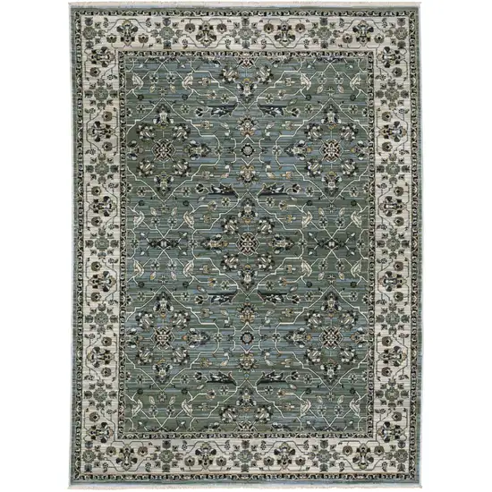 Blue Green And Beige Floral Area Rug With Fringe Photo 2