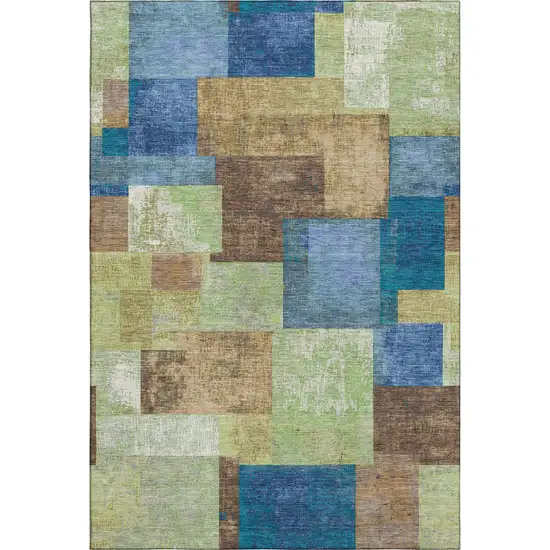 Blue Green And Beige Geometric Washable Area Rug With UV Protection Photo 1