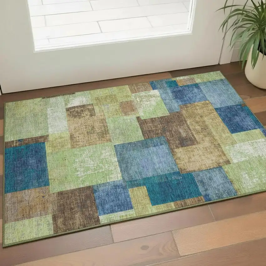 Blue Green And Beige Geometric Washable Area Rug With UV Protection Photo 2