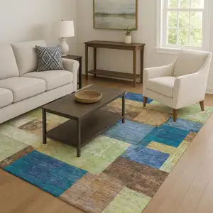 Photo of Blue Green And Beige Geometric Washable Area Rug With UV Protection