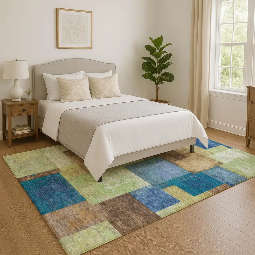 Blue Green And Beige Geometric Washable Area Rug With UV Protection Photo 5