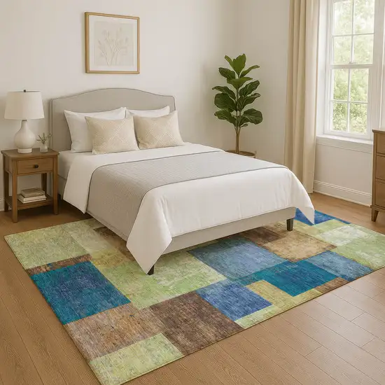 Blue Green And Beige Geometric Washable Area Rug With UV Protection Photo 5