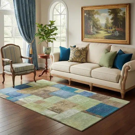 Blue Green And Beige Geometric Washable Area Rug With UV Protection Photo 2