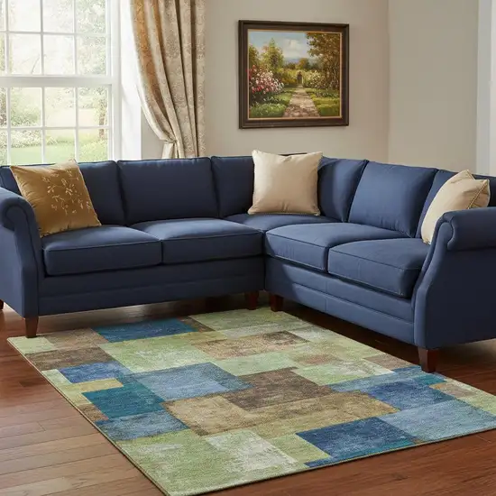 Blue Green And Beige Geometric Washable Area Rug With UV Protection Photo 2