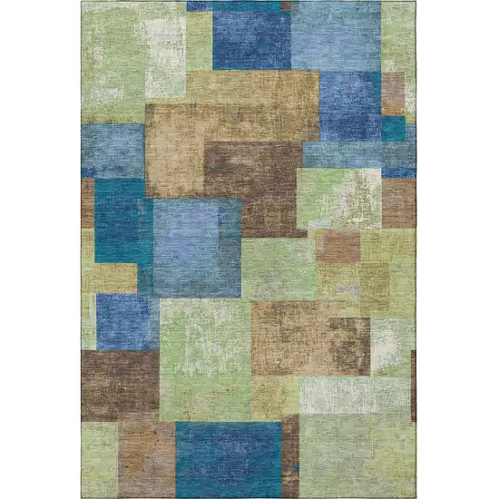 Blue Green And Beige Geometric Washable Area Rug With UV Protection Photo 4