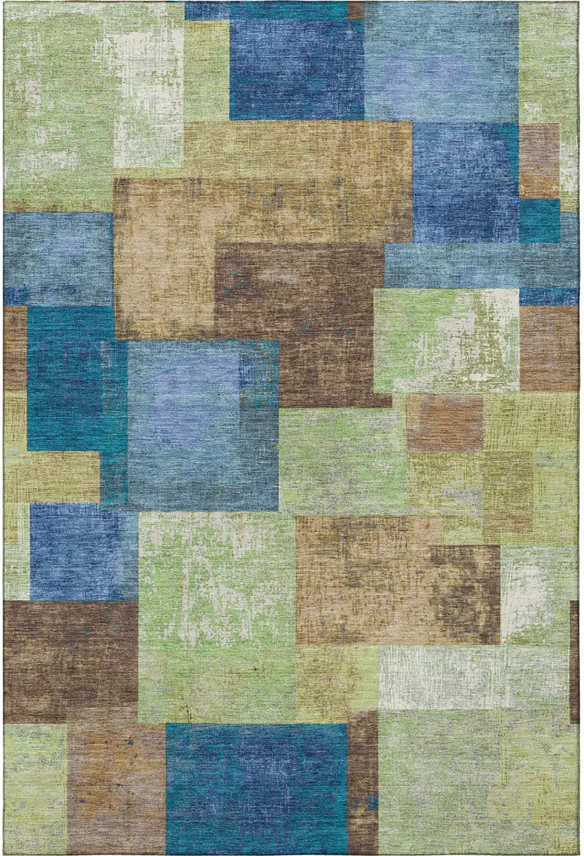 Blue Green And Beige Geometric Washable Area Rug With UV Protection Photo 4