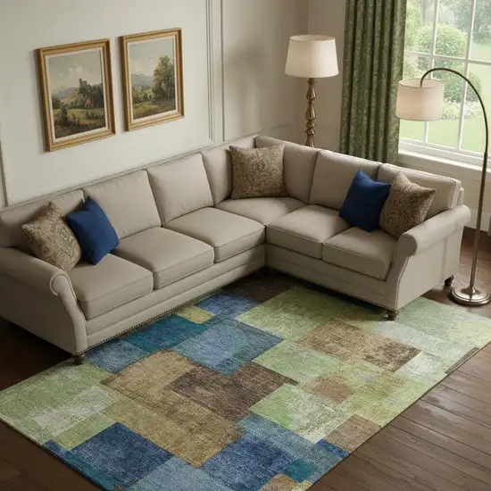 Blue Green And Beige Geometric Washable Area Rug With UV Protection Photo 2