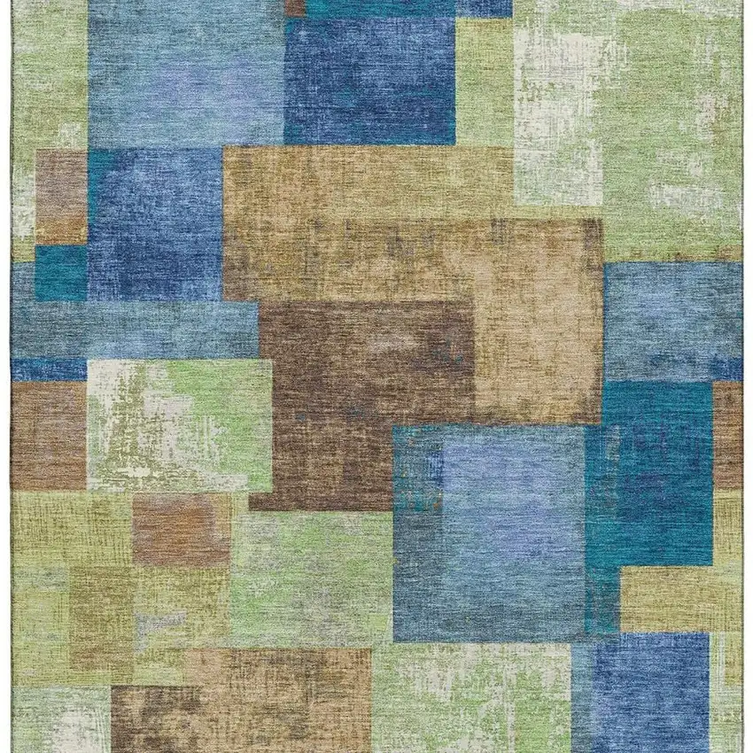 Blue Green And Beige Geometric Washable Area Rug With UV Protection Photo 4
